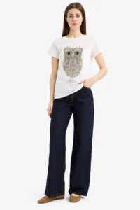 DeFacto Regular Fit Crew Neck Owl Patterned Combed Cotton Short Sleeve T-Shirt - Image 2