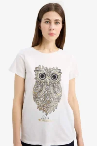 DeFacto Regular Fit Crew Neck Owl Patterned Combed Cotton Short Sleeve T-Shirt - Image 3
