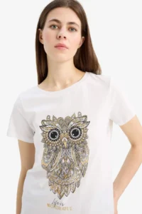DeFacto Regular Fit Crew Neck Owl Patterned Combed Cotton Short Sleeve T-Shirt - Image 4