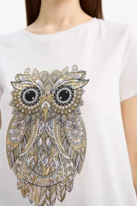 DeFacto Regular Fit Crew Neck Owl Patterned Combed Cotton Short Sleeve T-Shirt - Image 5