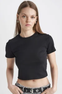 DeFacto Fitted Rib Basic Plain Crop Short Sleeve Black T-Shirt