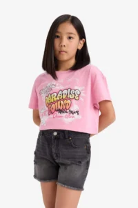 DeFacto Crop Crew Neck Printed Short Sleeve T-Shirt Girl Child
