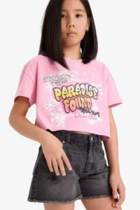 DeFacto Crop Crew Neck Printed Short Sleeve T-Shirt Girl Child - Image 3