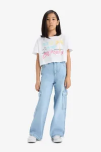 DeFacto Crop Crew Neck Printed Short Sleeve T-Shirt Girl Child - Image 2