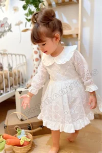 penu baby kids White Scallop Detailed Baby Collar Long Sleeve Baby Girl Dress - Image 2