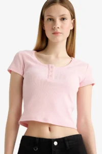 DeFacto Fitted Round Neck Crop Ribbed Camisole Short Sleeve T-Shirt