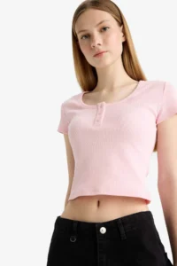 DeFacto Fitted Round Neck Crop Ribbed Camisole Short Sleeve T-Shirt - Image 3