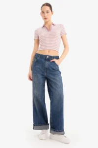 DeFacto Fitted Polo Neck Striped Ribbed Camisole Short Sleeve T-Shirt - Image 2