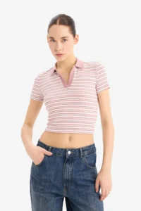 DeFacto Fitted Polo Neck Striped Ribbed Camisole Short Sleeve T-Shirt - Image 3