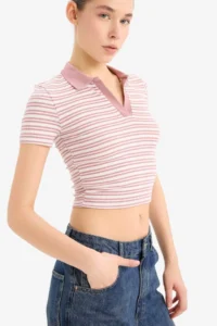 DeFacto Fitted Polo Neck Striped Ribbed Camisole Short Sleeve T-Shirt - Image 4