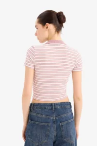 DeFacto Fitted Polo Neck Striped Ribbed Camisole Short Sleeve T-Shirt - Image 5