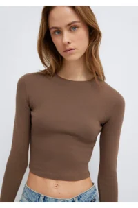 Mavi Long Sleeve Brown Crop Basic T-Shirt Crop / Short Cut 1612822-81959 - Image 2