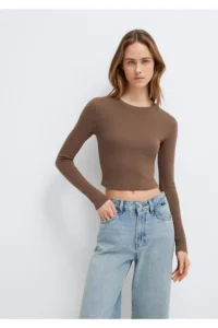 Mavi Long Sleeve Brown Crop Basic T-Shirt Crop / Short Cut 1612822-81959 - Image 3