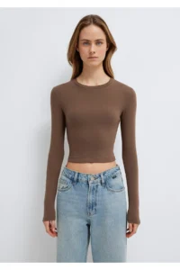 Mavi Long Sleeve Brown Crop Basic T-Shirt Crop / Short Cut 1612822-81959 - Image 4