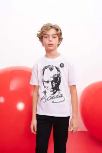 DeFacto Boy's Crew Neck Ataturk Printed Short Sleeve White T-Shirt