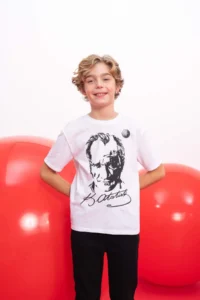 DeFacto Boy's Crew Neck Ataturk Printed Short Sleeve White T-Shirt - Image 3
