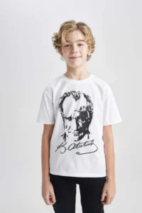 DeFacto Boy's Crew Neck Ataturk Printed Short Sleeve White T-Shirt - Image 4