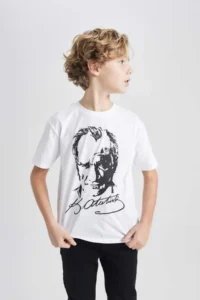 DeFacto Boy's Crew Neck Ataturk Printed Short Sleeve White T-Shirt - Image 7