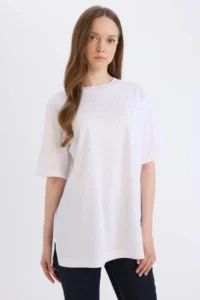 DeFacto Regular Fit Crew Neck Basic Plain Short Sleeve White T-Shirt Tunic - Image 5