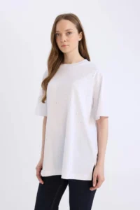 DeFacto Regular Fit Crew Neck Basic Plain Short Sleeve White T-Shirt Tunic - Image 7