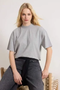 TRENDYOLMİLLA Gray Melange 100% Thick Cotton Dog collar Three Quarter Sleeve Knitting T-Shirt - Image 2