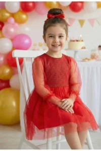 penu baby kids Red Long Tulle Sleeve Detailed Tutu Dress for Baby Girl - Image 2
