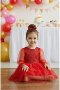 penu baby kids Red Long Tulle Sleeve Detailed Tutu Dress for Baby Girl - Image 3