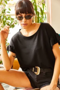 Olalook Women's Black Ruffled Sleeve Camisole T-Shirt - Image 3