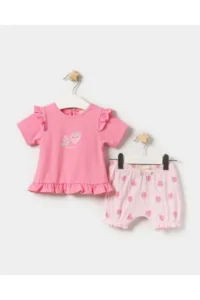 Minipodyum Baby Girl Ruffle Detailed T-Shirt Summer Double Set with Knitted Muslin Shorts
