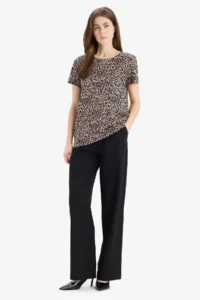 DeFacto Long Fit Crew Neck Leopard Patterned Combed Cotton Short Sleeve T-Shirt - Image 2