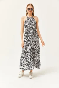 Olalook Women's Ethnic Black White Halter Neck Belted Woven Viscon Dress - Image 2