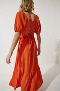 Happiness İstanbul Women's Orange Sweetheart Collar Textured Summer Knitted Dress