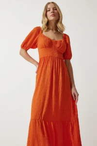 Happiness İstanbul Women's Orange Sweetheart Collar Textured Summer Knitted Dress - Image 2