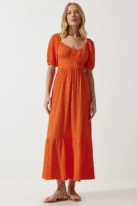 Happiness İstanbul Women's Orange Sweetheart Collar Textured Summer Knitted Dress - Image 3