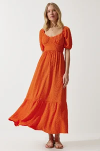 Happiness İstanbul Women's Orange Sweetheart Collar Textured Summer Knitted Dress - Image 4