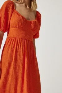 Happiness İstanbul Women's Orange Sweetheart Collar Textured Summer Knitted Dress - Image 5