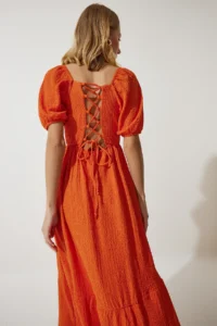 Happiness İstanbul Women's Orange Sweetheart Collar Textured Summer Knitted Dress - Image 6