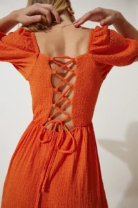 Happiness İstanbul Women's Orange Sweetheart Collar Textured Summer Knitted Dress - Image 7