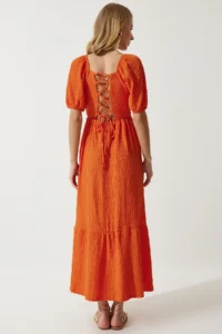 Happiness İstanbul Women's Orange Sweetheart Collar Textured Summer Knitted Dress - Image 8