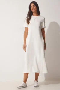 Happiness İstanbul Women Ecru A Cut Summer Penye Dress - Image 2