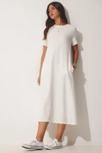 Happiness İstanbul Women Ecru A Cut Summer Penye Dress - Image 3