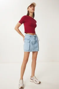 Happiness İstanbul Women Burgundy Crew Neck Crop T-Shirt - Image 2