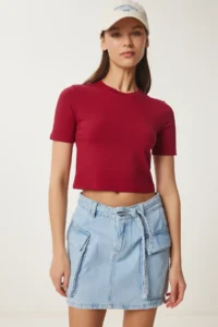 Happiness İstanbul Women Burgundy Crew Neck Crop T-Shirt - Image 3