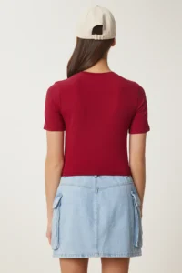 Happiness İstanbul Women Burgundy Crew Neck Crop T-Shirt - Image 5