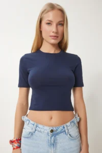 Happiness İstanbul Women Navy Blue Crew Neck Crop T-Shirt - Image 2