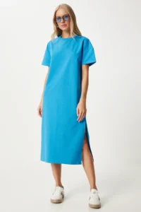 Happiness İstanbul Women's Blue Cotton Summer Daily Combed Cotton Dress - Image 2