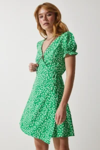 Happiness İstanbul Women Green Patterned Viscose Weaving Dress - Image 2