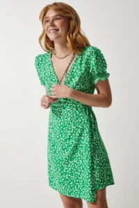 Happiness İstanbul Women Green Patterned Viscose Weaving Dress - Image 3