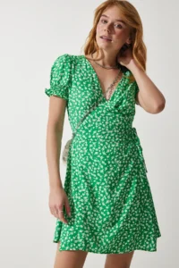 Happiness İstanbul Women Green Patterned Viscose Weaving Dress - Image 4