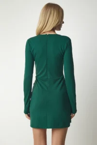 Happiness İstanbul Women's Emerald Green Wrap Neck Body-hugging Stylish Woven Dress - Image 5
